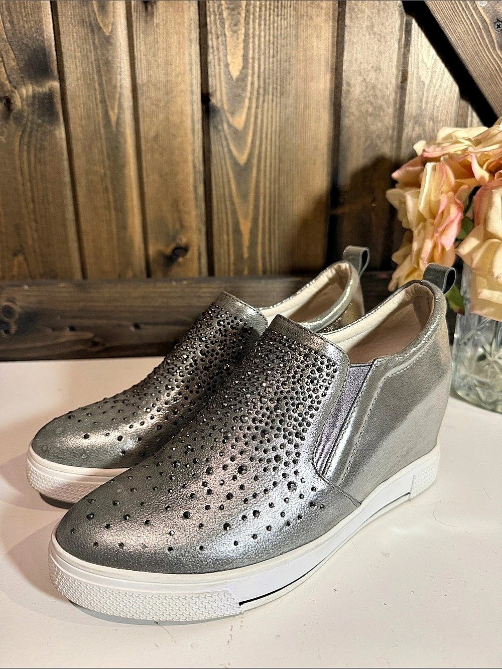 Metallic Perforated Platform Slip-On Shoes